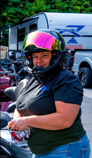 Crystal wearing her motorcycle helmet at Mobbin 2026