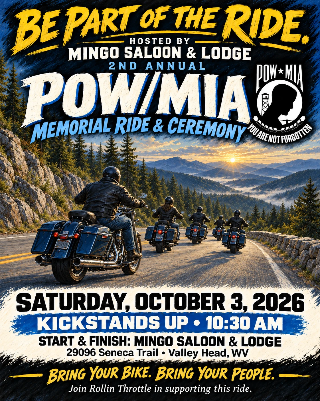 POW/MIA Memorial Ride & Ceremony announcement artwork. Event details are provided in the page text.