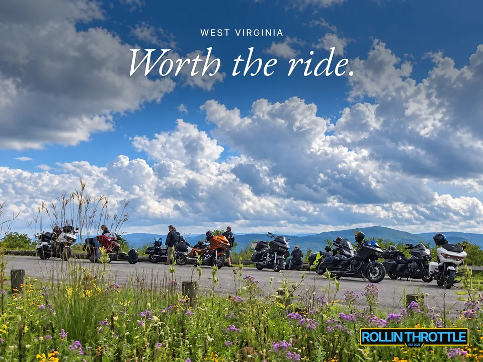 Riders and motorcycles on Highland Scenic Highway during The Revenuer, photographed by Crystal Cunningham, with Rollin Throttle branding added.